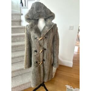 Vintage Faux Fur Taupe Brown Toggle Button Hooded Coat